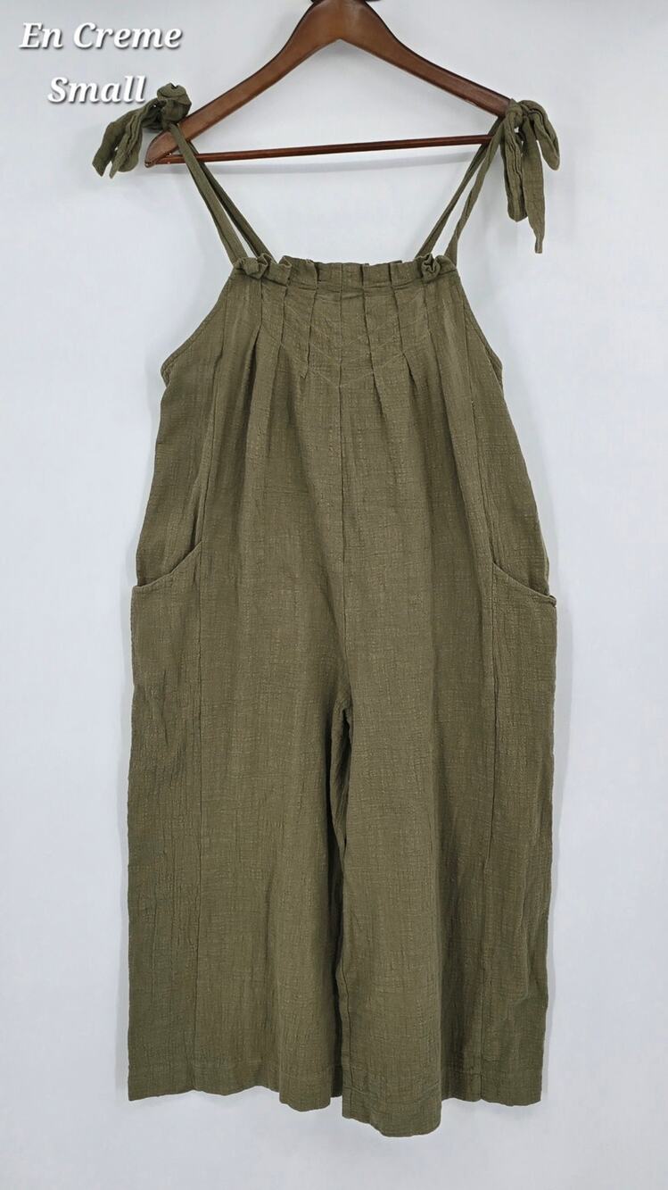 EN Creme Olive Gauze Jumpsuit Wide Leg Pleated Boho Cottagecore Cotton XL